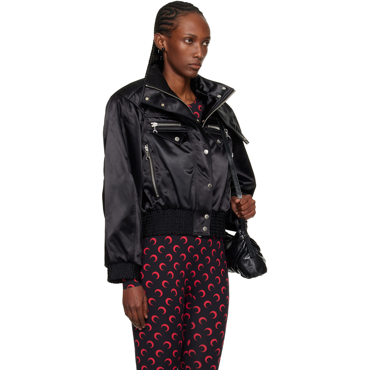  Marine Serre Black Satin Nylon Bomber Jacket 