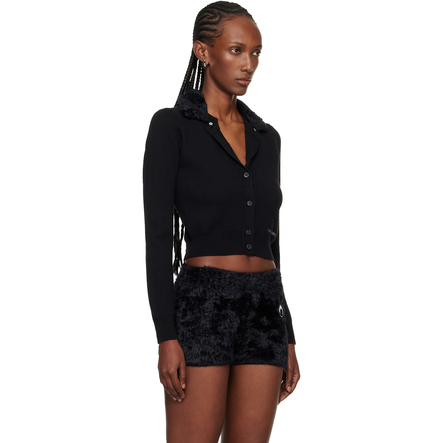  Marine Serre Black Merino Wool Knit Cropped Cardigan 
