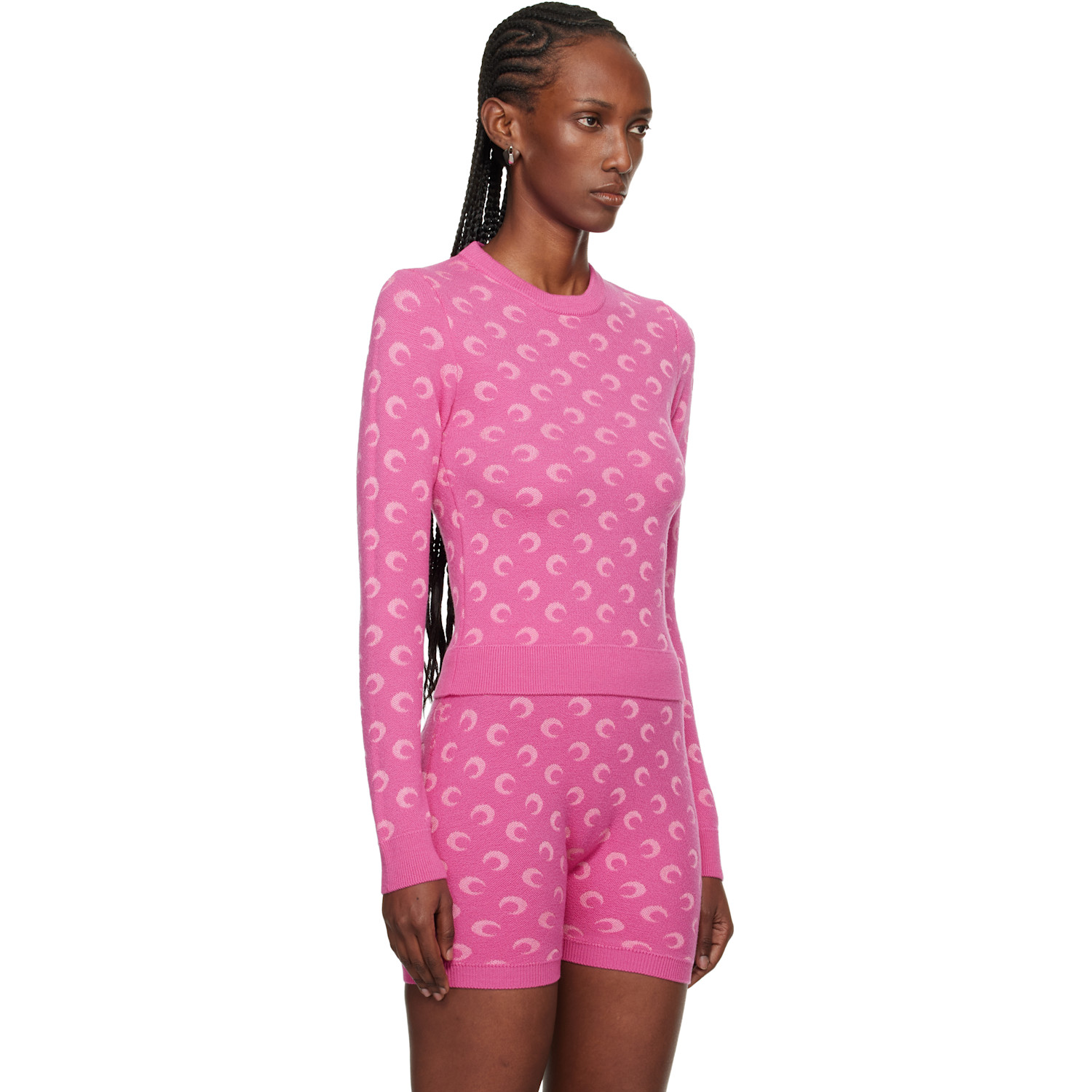  Marine Serre Pink Moon Jacquard Knit Fitted Crewneck Sweater 
