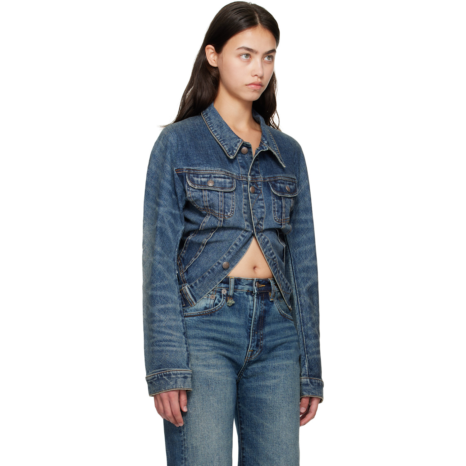  R13 Blue Skinny Wrap Around Denim Trucker Jacket 