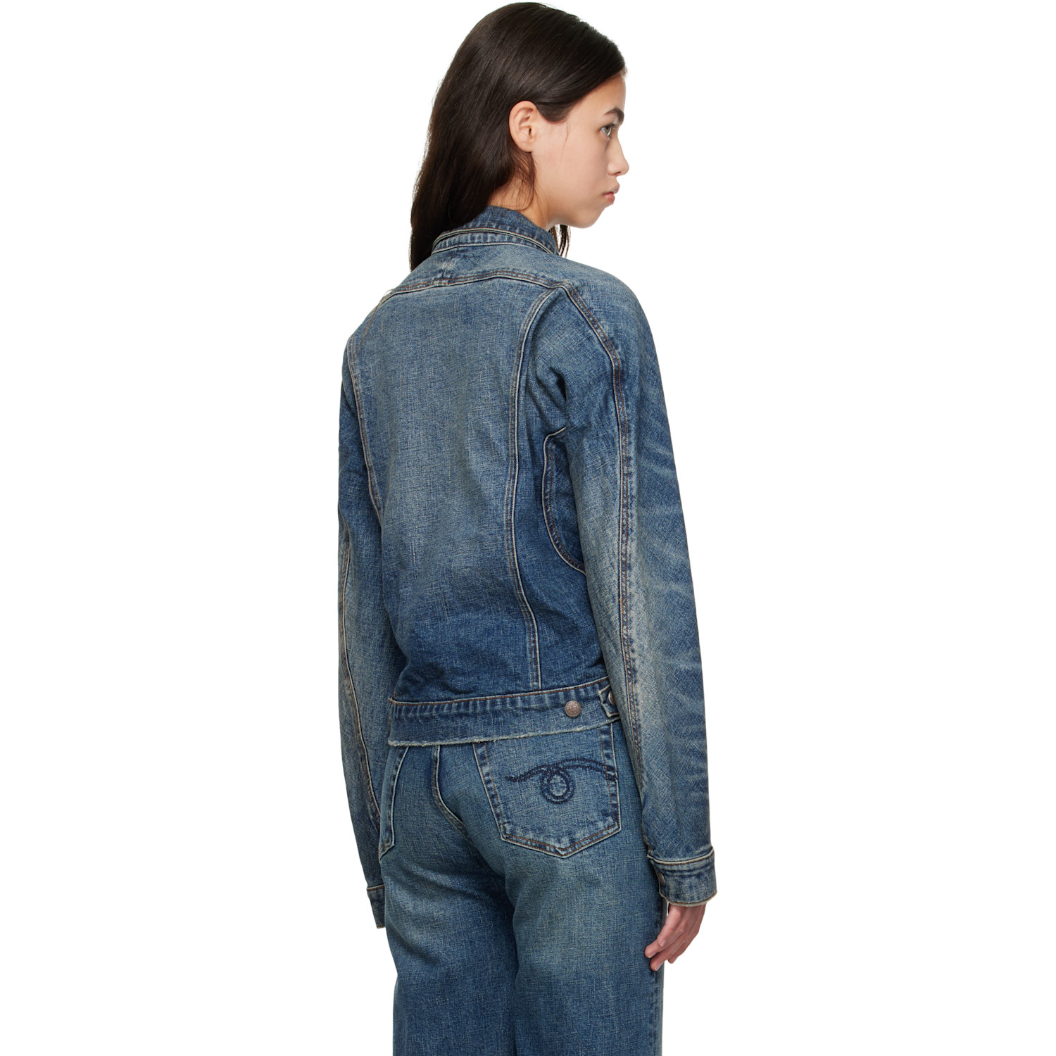  R13 Blue Skinny Wrap Around Denim Trucker Jacket 