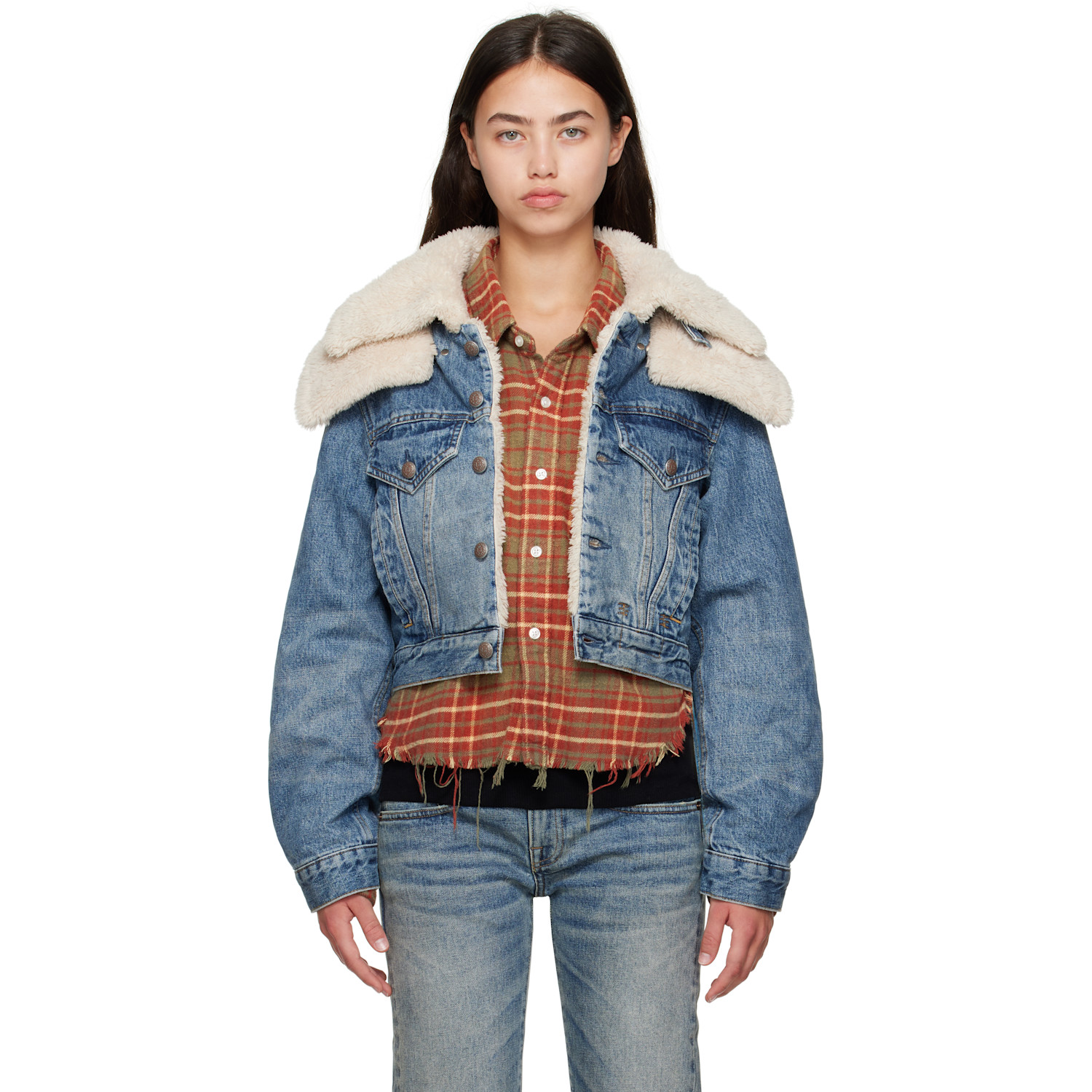 R13 Blue Double Collar Sherpa Denim Trucker Jacket
