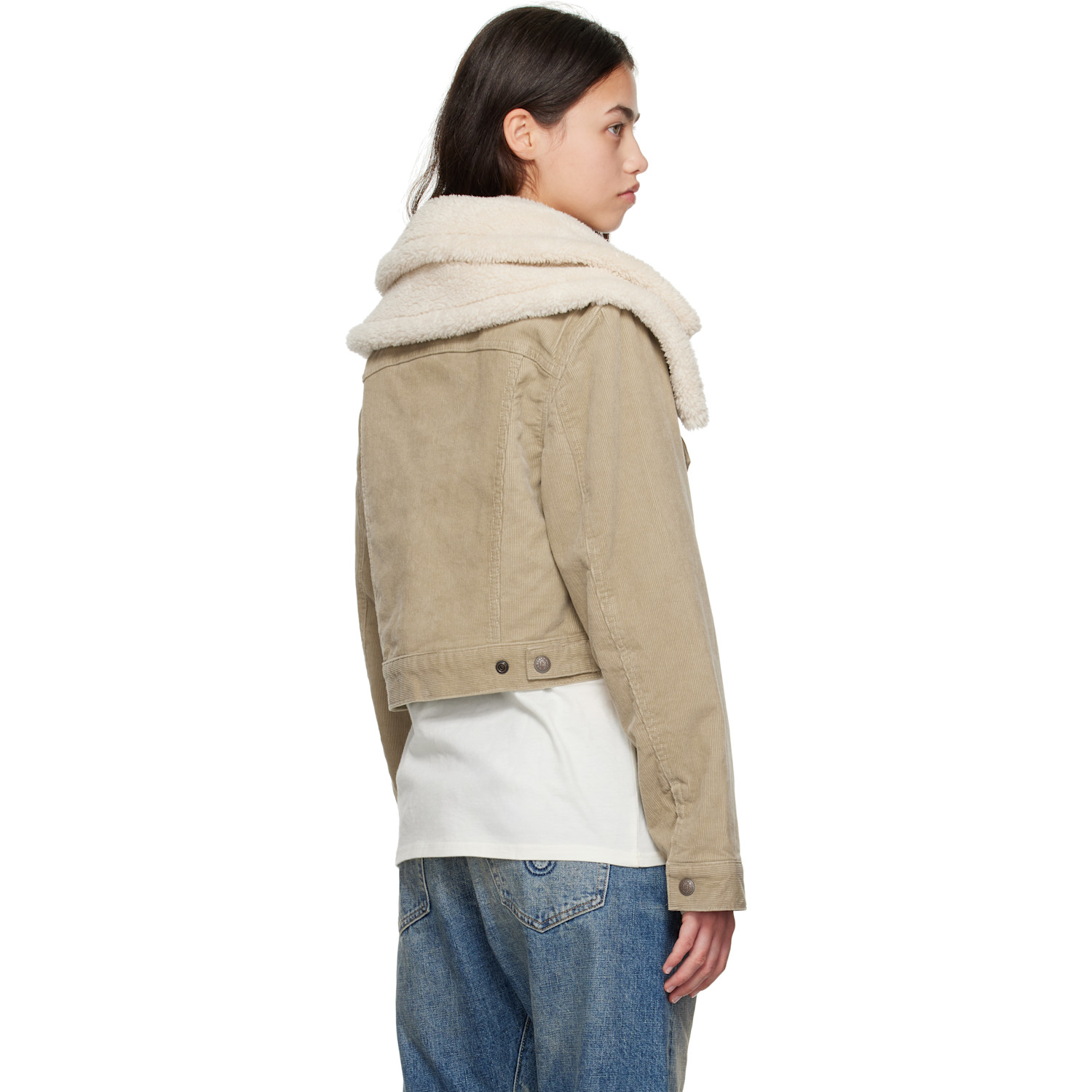  R13 Taupe Double Collar Sherpa Trucker Jacket 