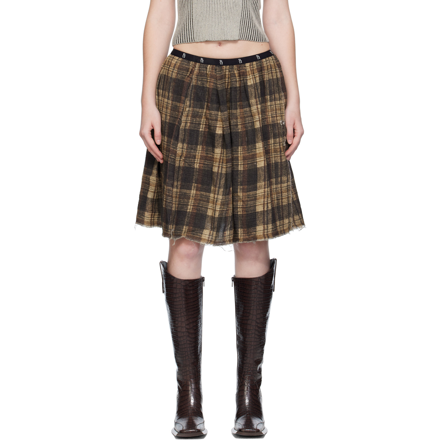 R13 Brown Knee-Length Kilt Reversible Midi Skirt