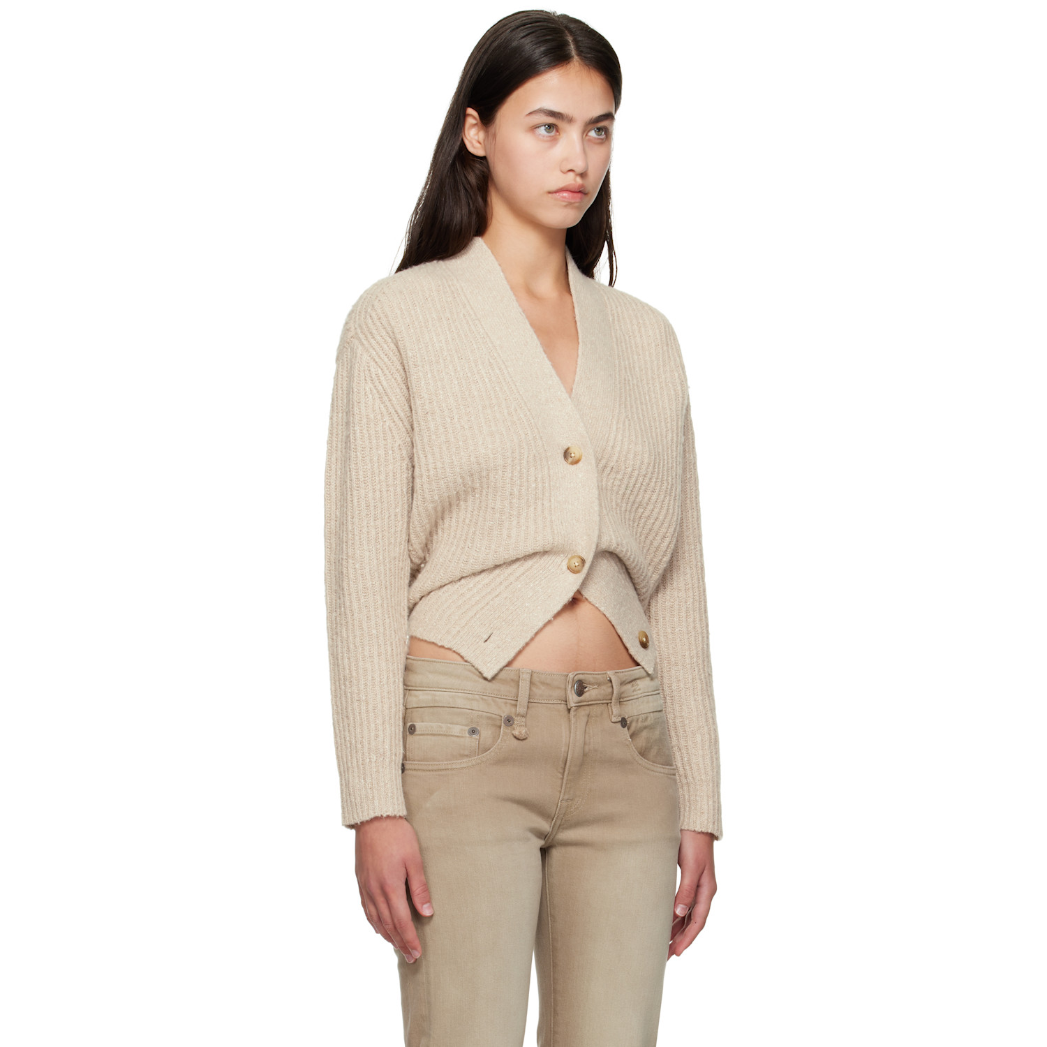  R13 Beige Split Hem Ribbed Cardigan 