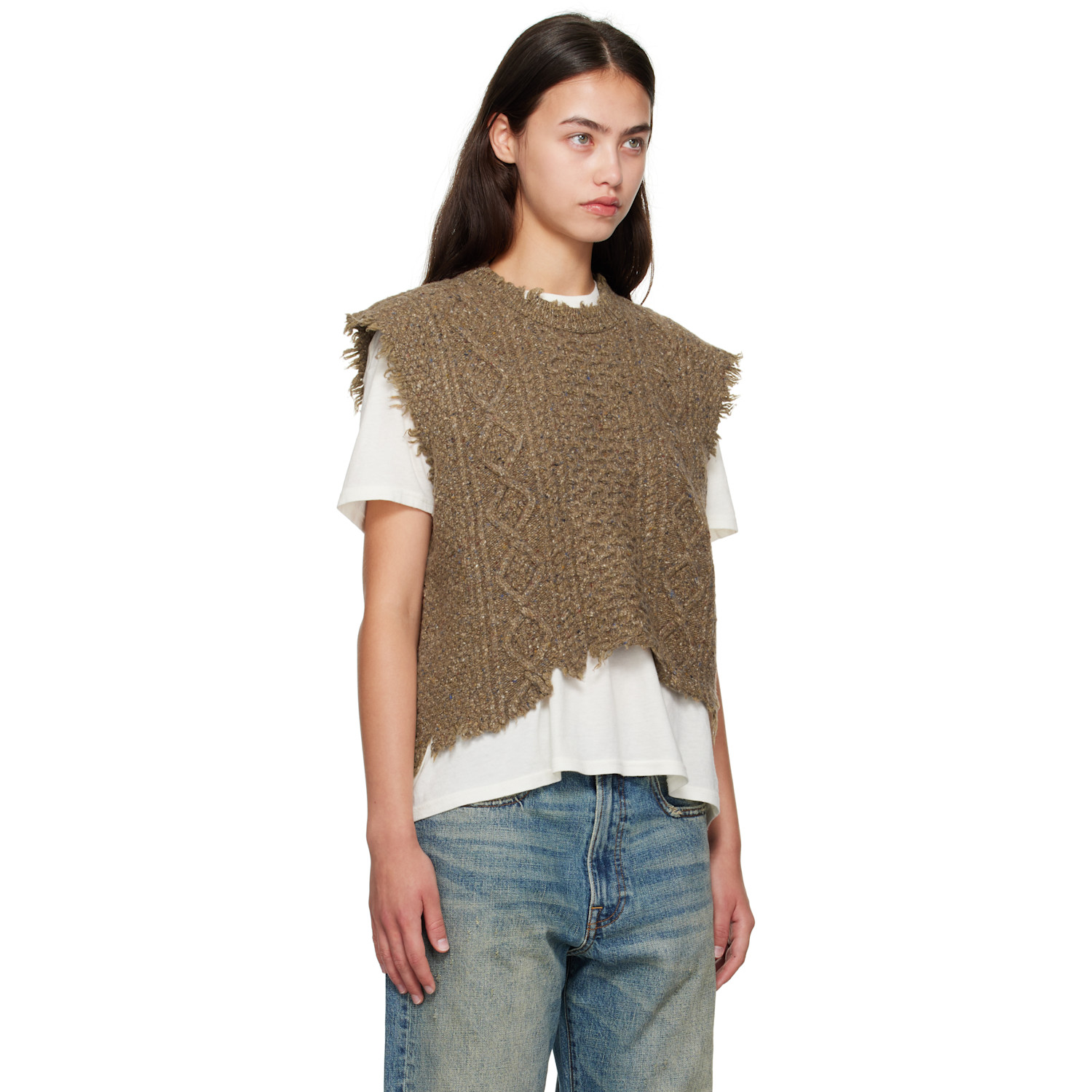  R13 Brown Wool Boyfriend Cable Sweater Vest 