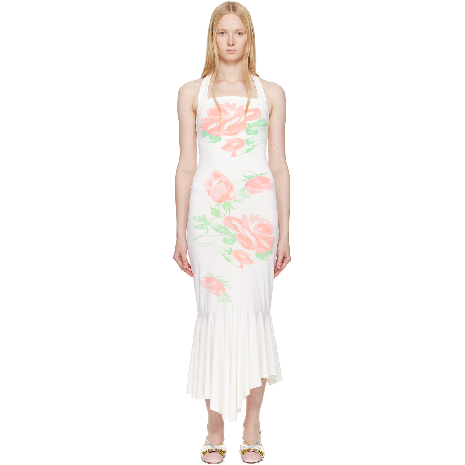 Yuhan Wang SSENSE Exclusive White Rose Printed Halterneck Midi Dress