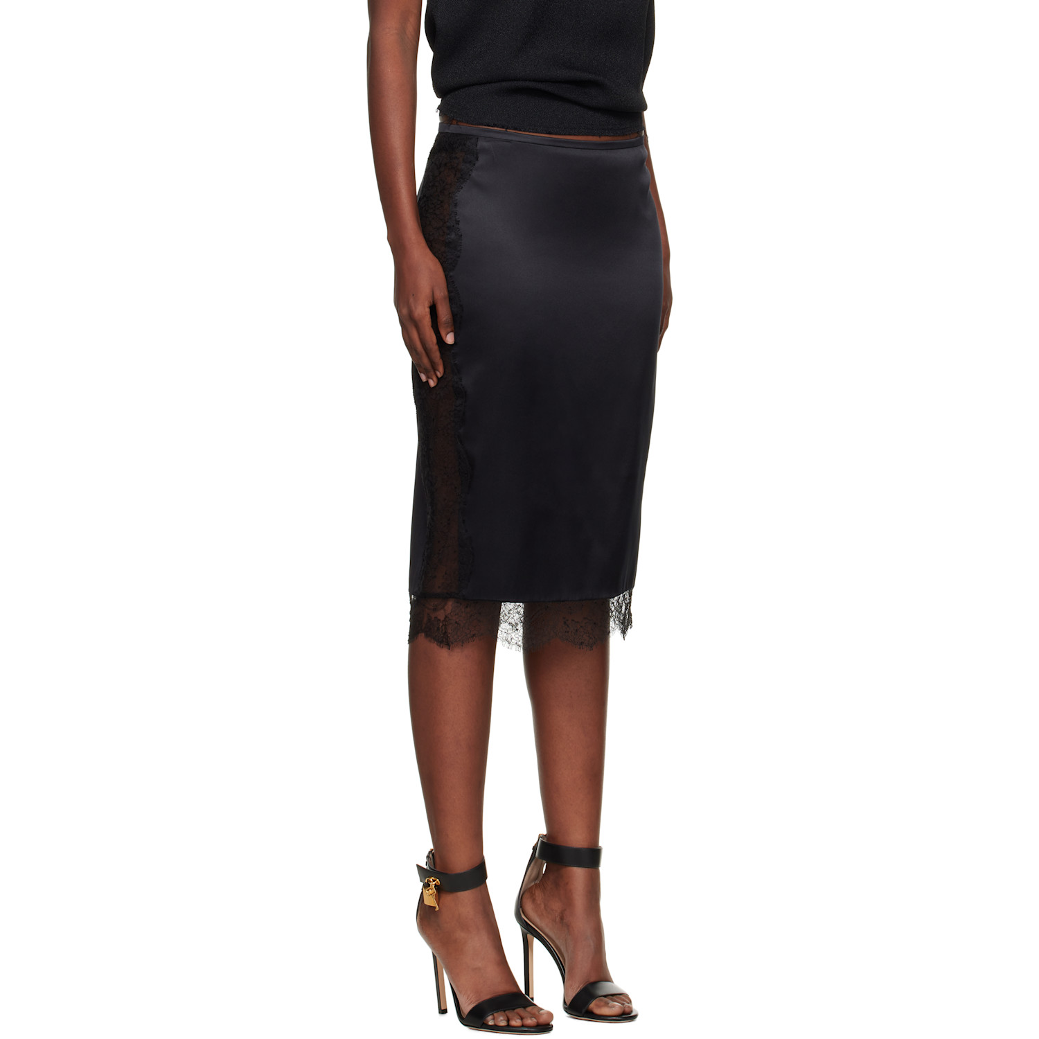  Tom Ford Black Knee-length Lace Inserts Midi Skirt 