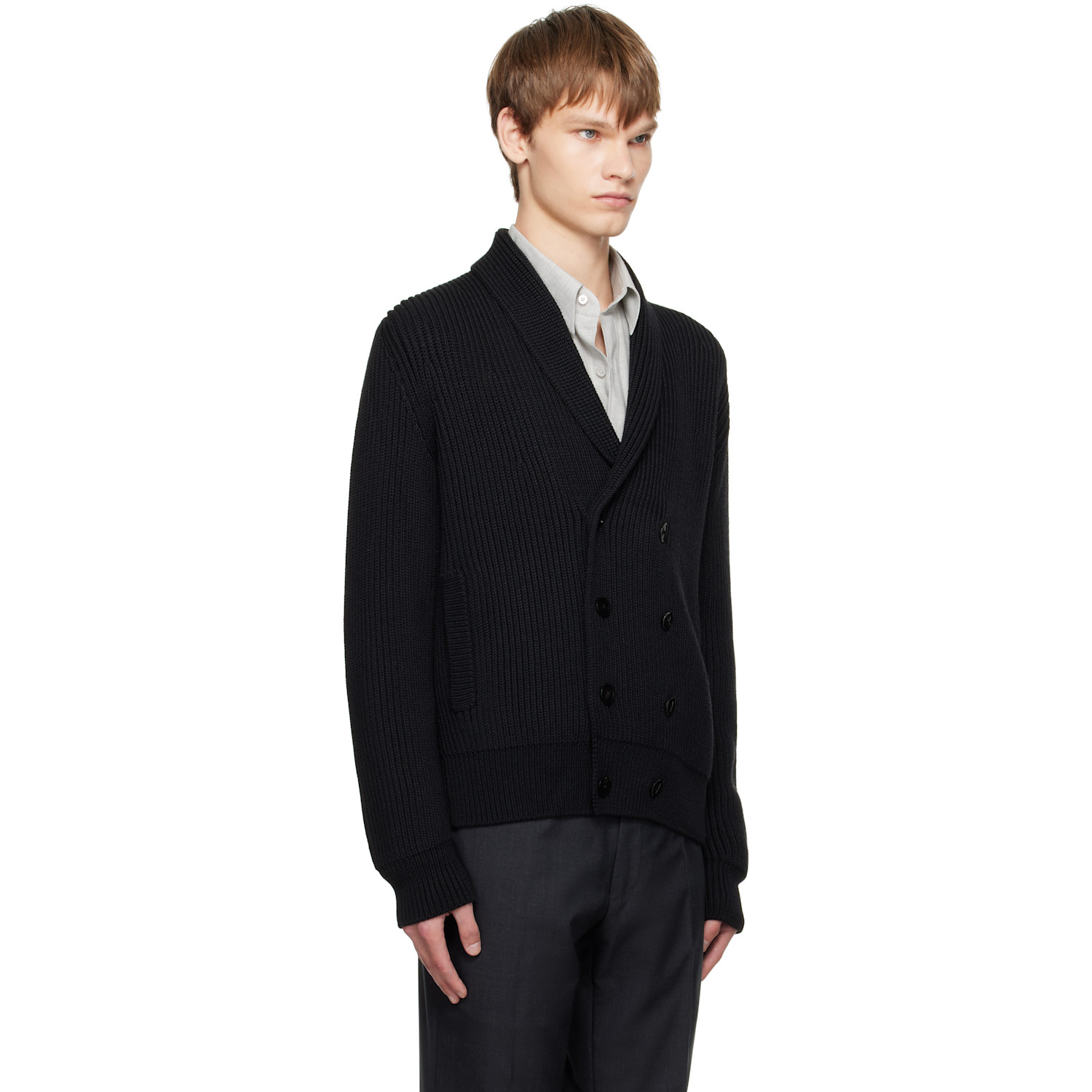  Tom Ford Black Wool Silk Shawl Collar Cardigan 