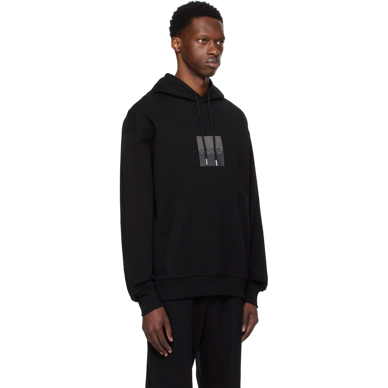  Hugo Black Relaxed-fit Split Logo Hoodie 