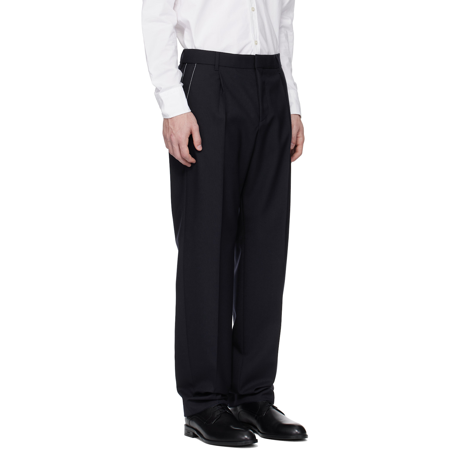  Boss Navy Relaxed-fit Melange Virgin Wool Trousers 