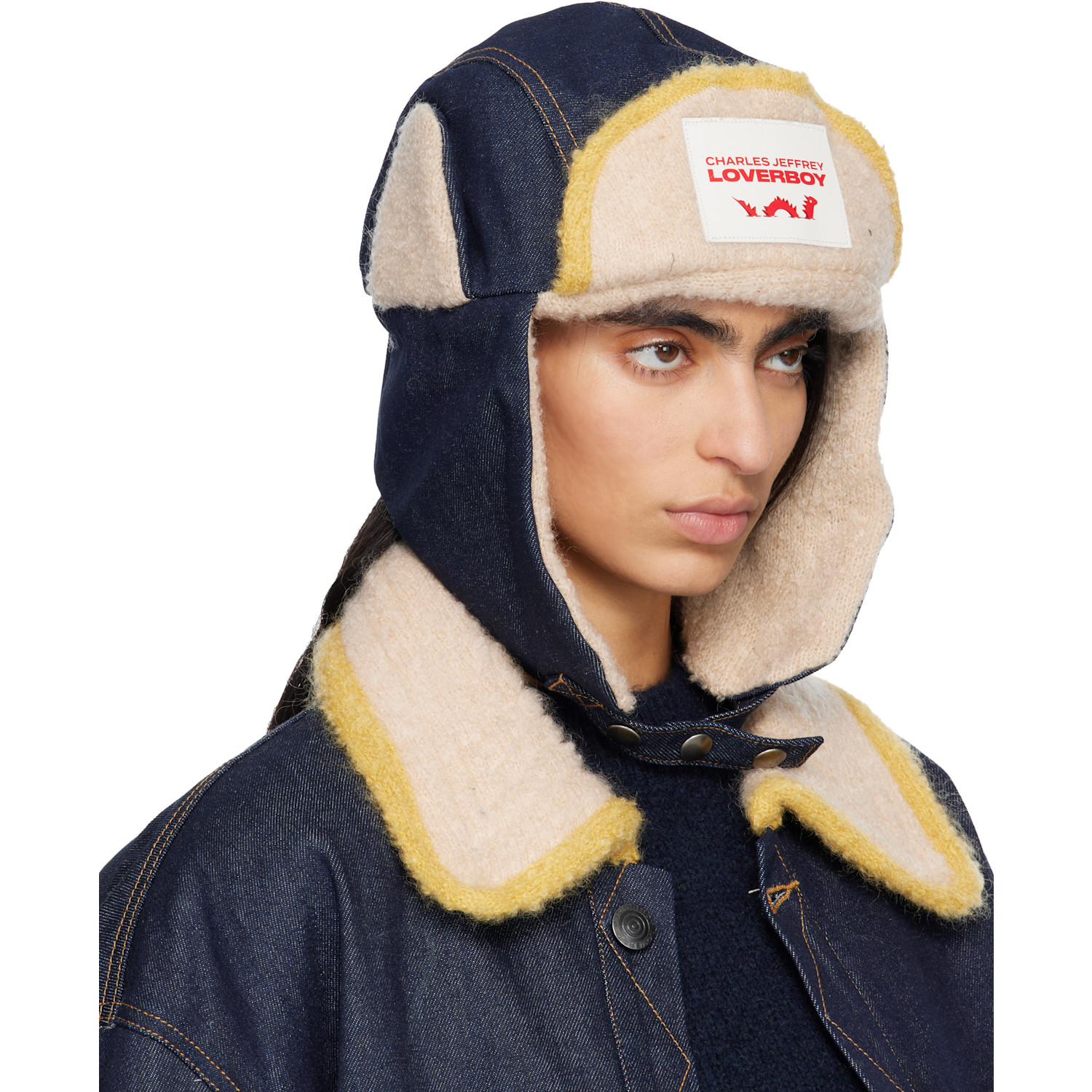  Charles Jeffrey Loverboy Navy & Beige Knit Patch Trapper Hat 