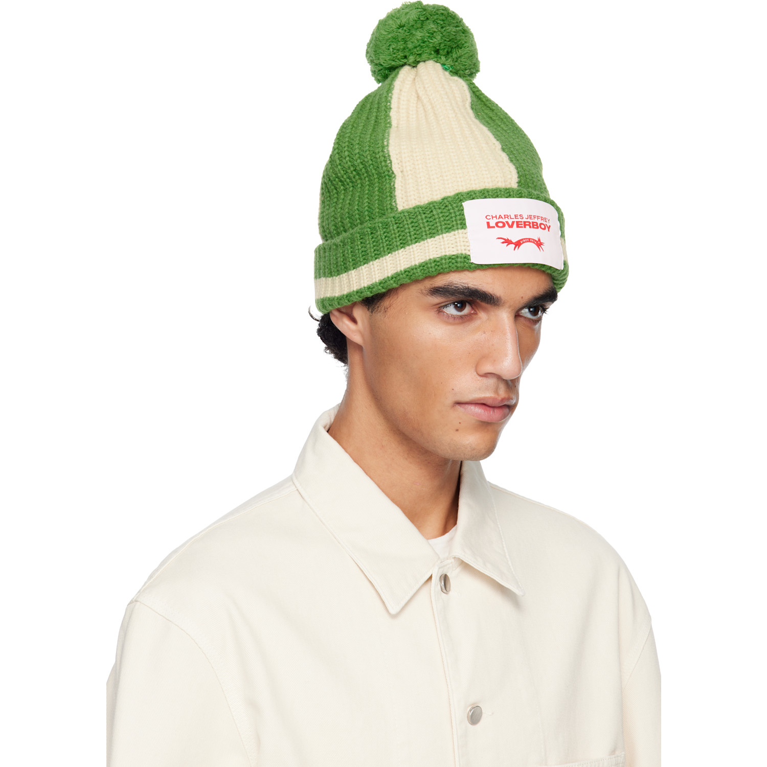  Charles Jeffrey Loverboy Green & Off-white Pompom Beanie 