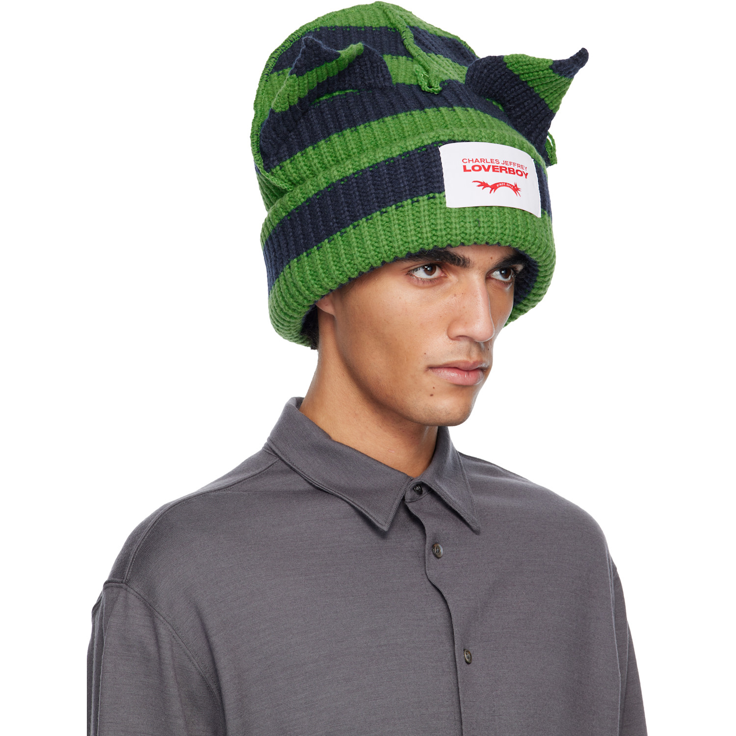  Charles Jeffrey Loverboy Green & Navy Supersized Chunky Ears Beanie 
