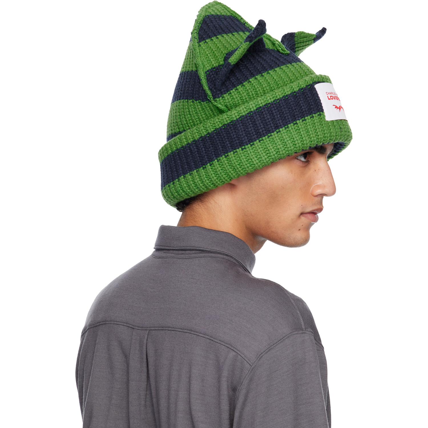  Charles Jeffrey Loverboy Green & Navy Supersized Chunky Ears Beanie 