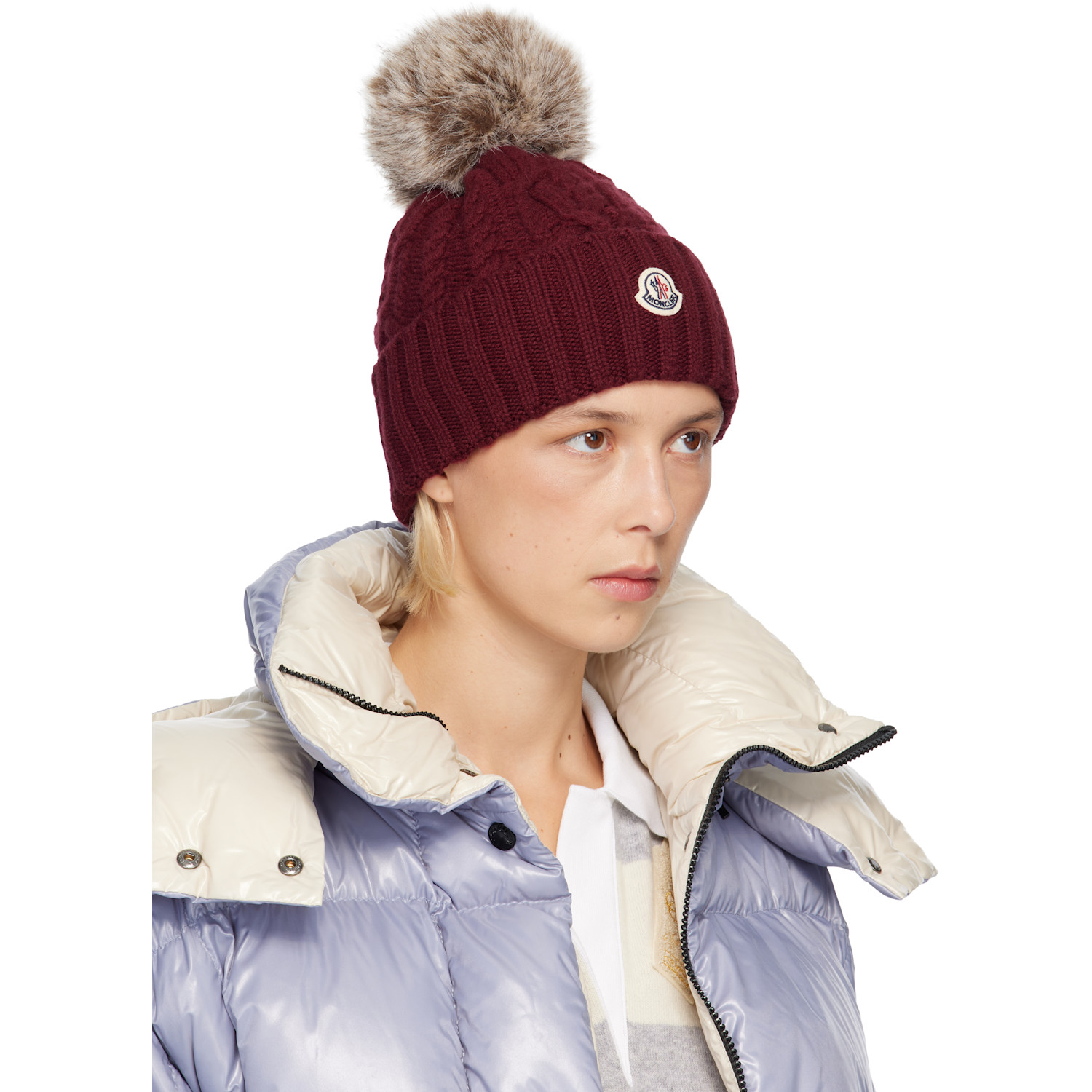  Moncler Burgundy Cashmere Blend Pom Pom Beanie 