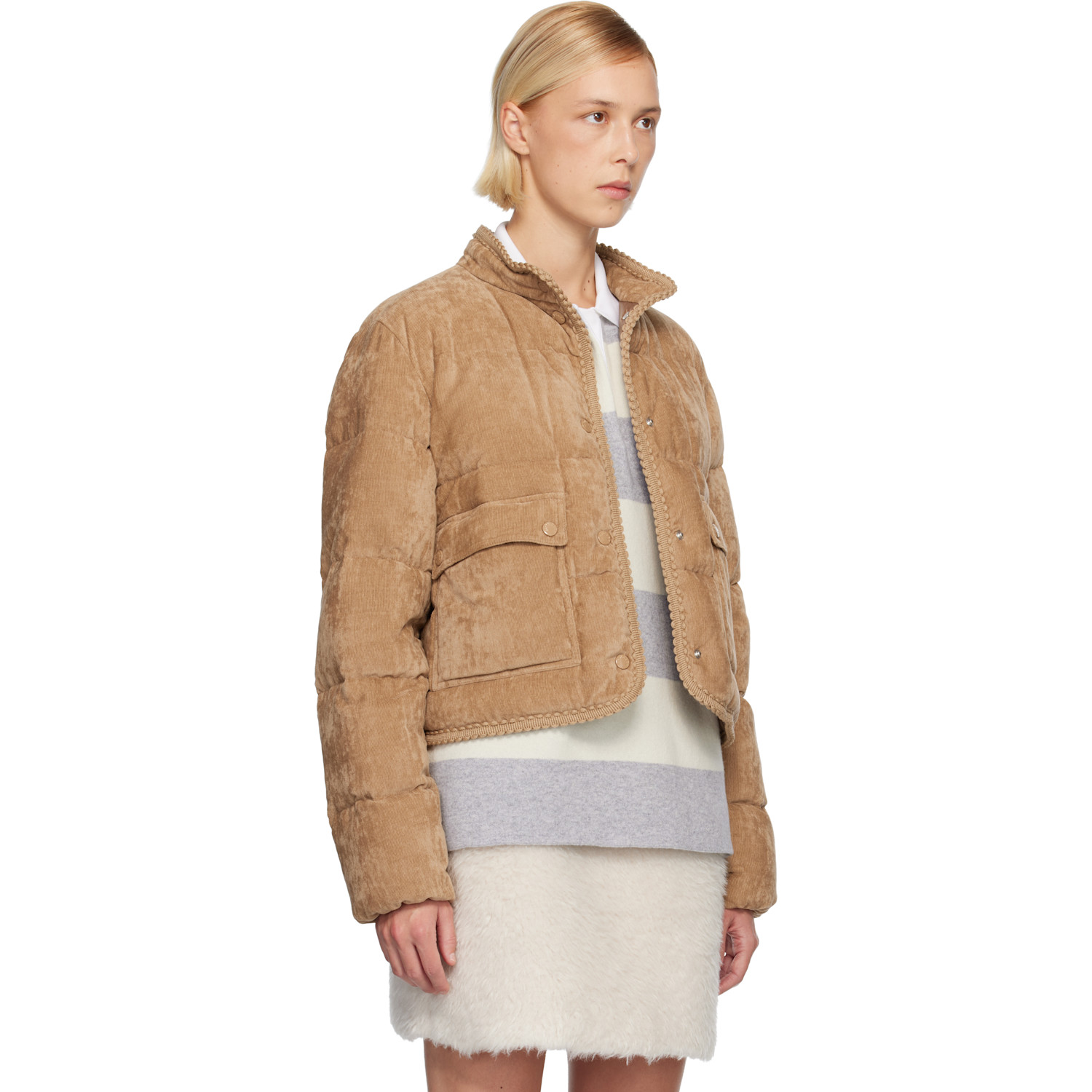  Moncler Tan Essarts Braided Trim Corduroy Short Down Jacket 