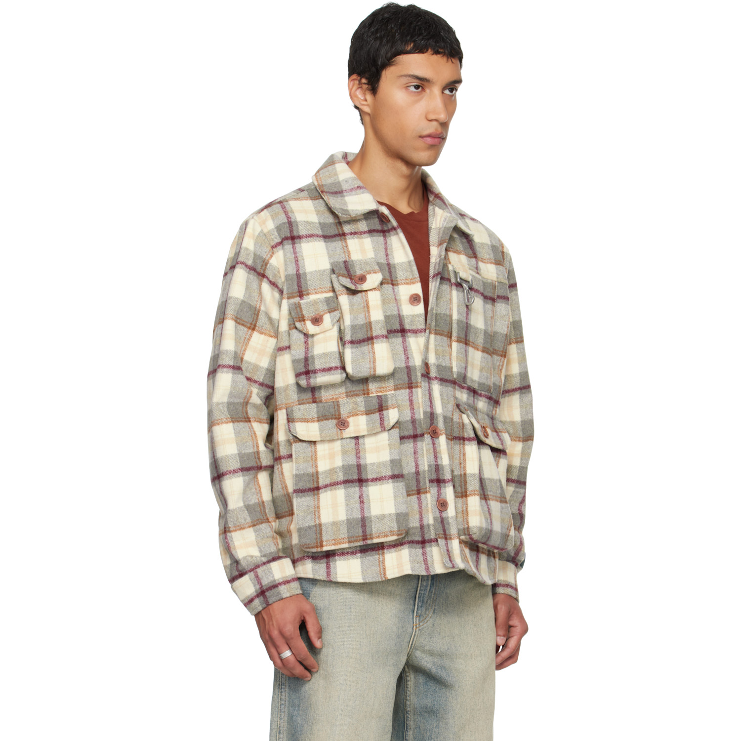  Reese Cooper Gray & Beige Milled Flannel Cargo Button Down Shirt 