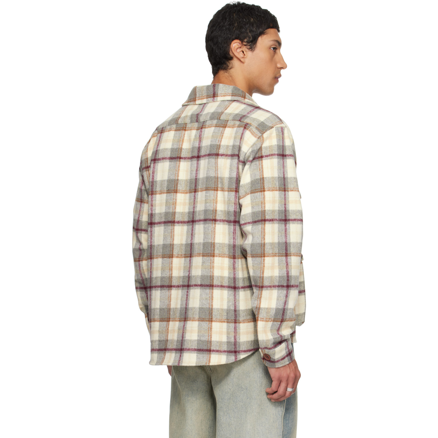  Reese Cooper Gray & Beige Milled Flannel Cargo Button Down Shirt 