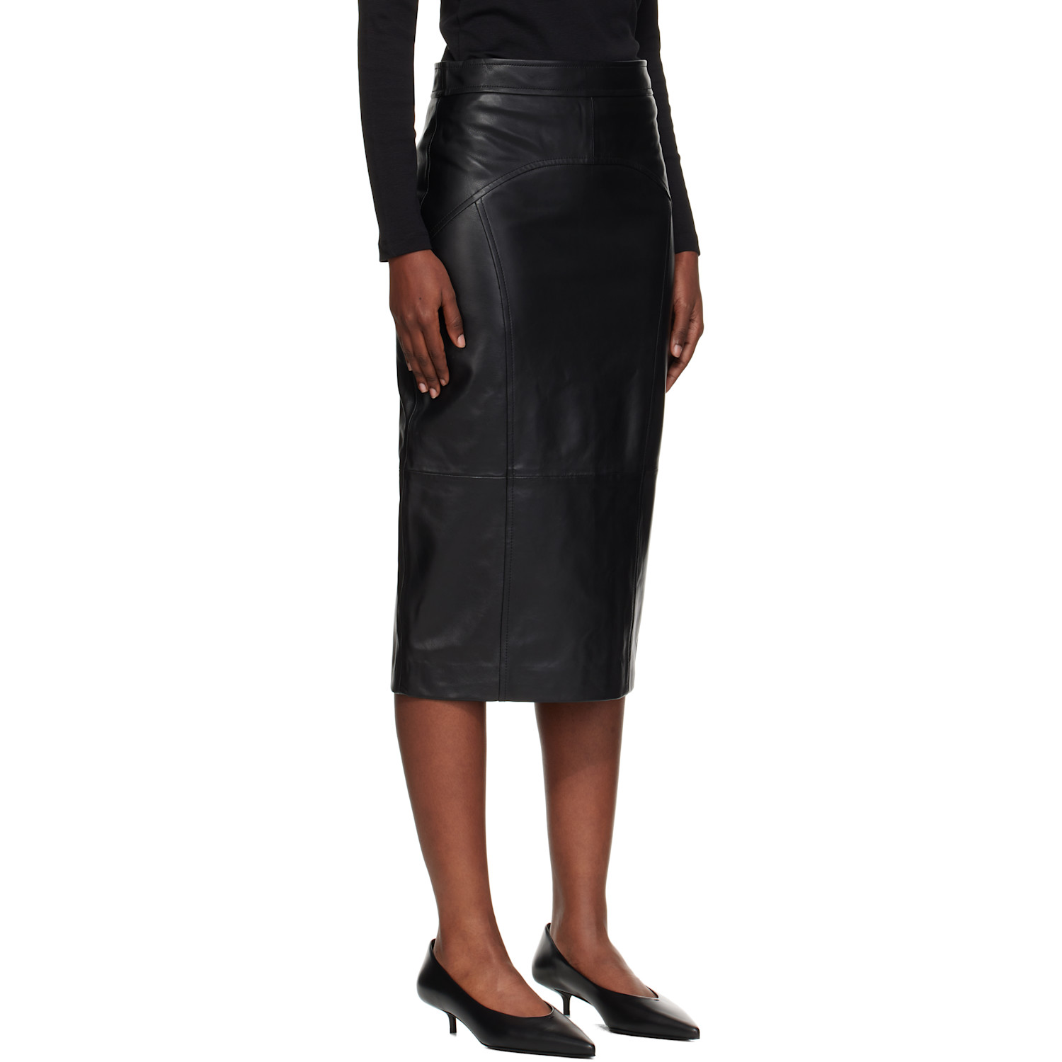  Max Mara Black Taiga Leather Midi Skirt 