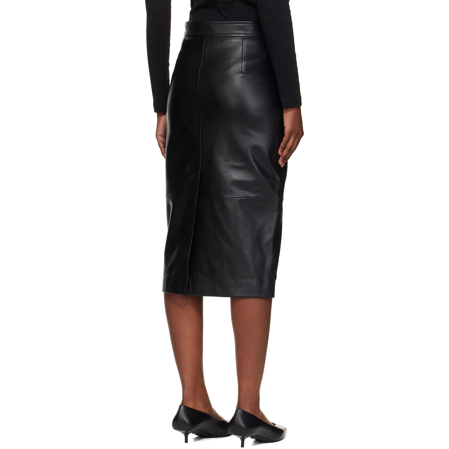  Max Mara Black Taiga Leather Midi Skirt 