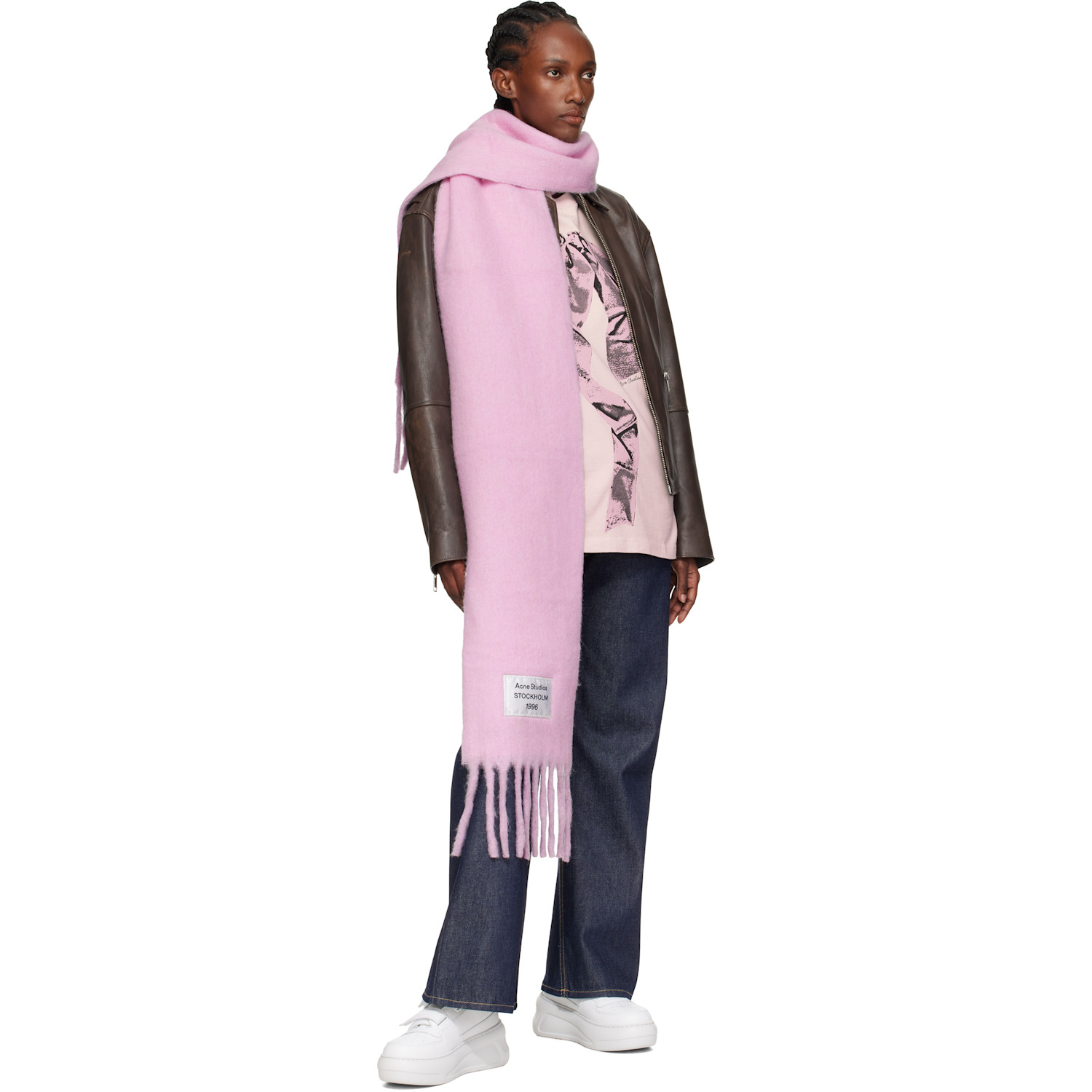  Acne Studios Pink Fringed Logo Label Scarf 