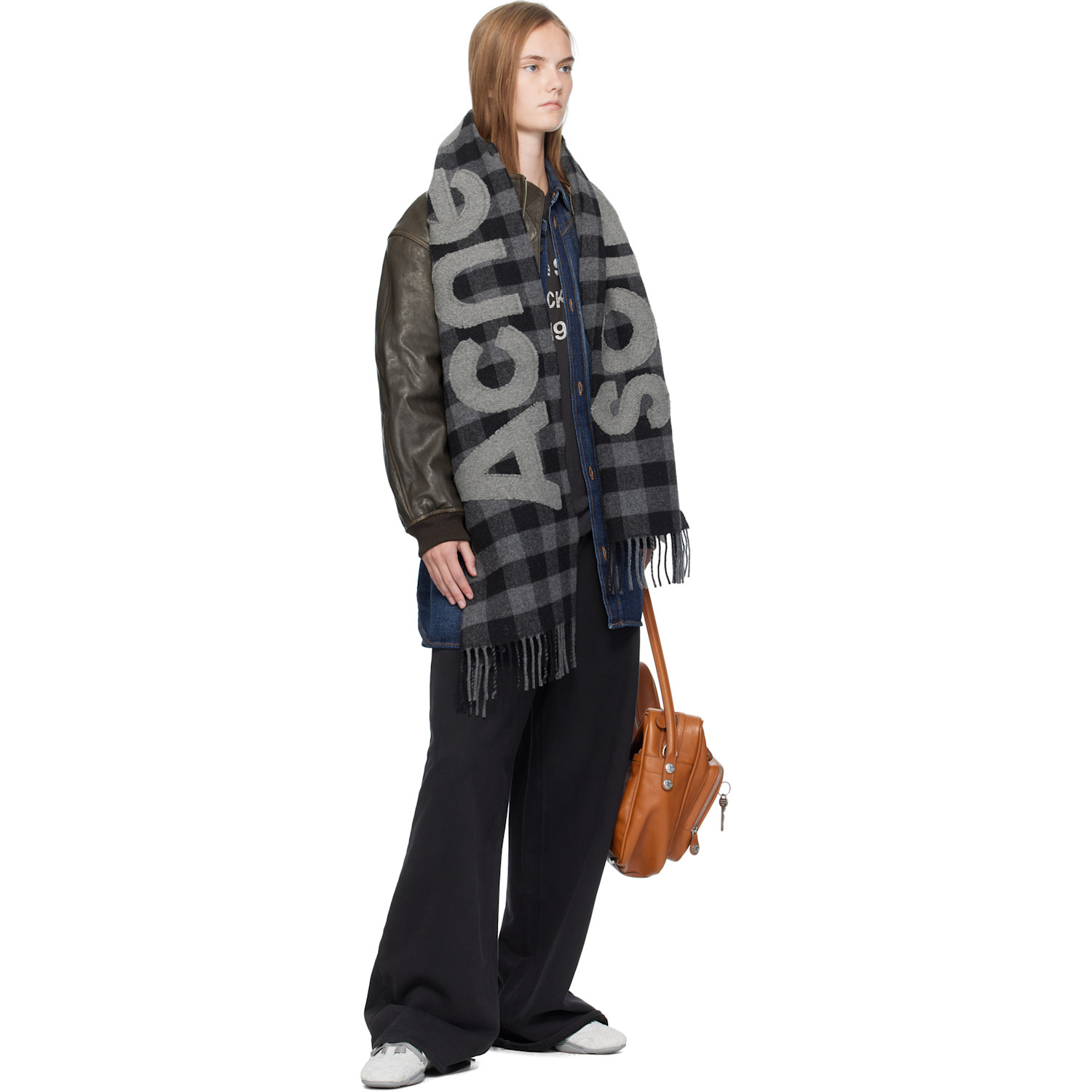  Acne Studios Black & Gray Check Logo Scarf 