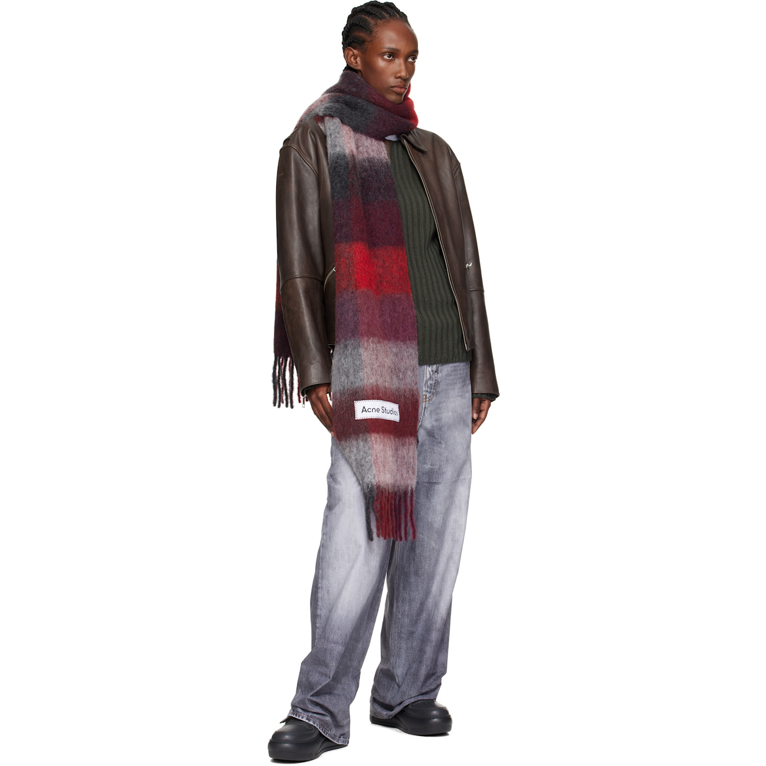 Acne Studios Red & Gray Check Fringe Scarf 