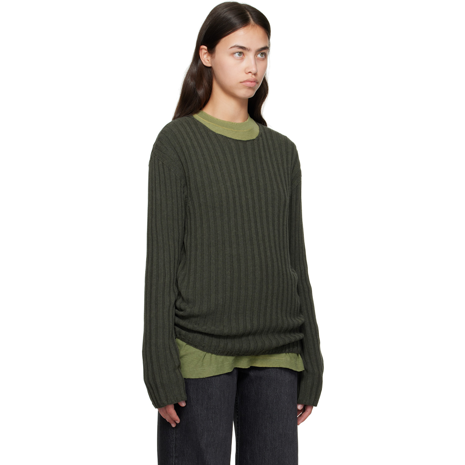  Acne Studios Green Ribbed Crewneck Knit Sweater 