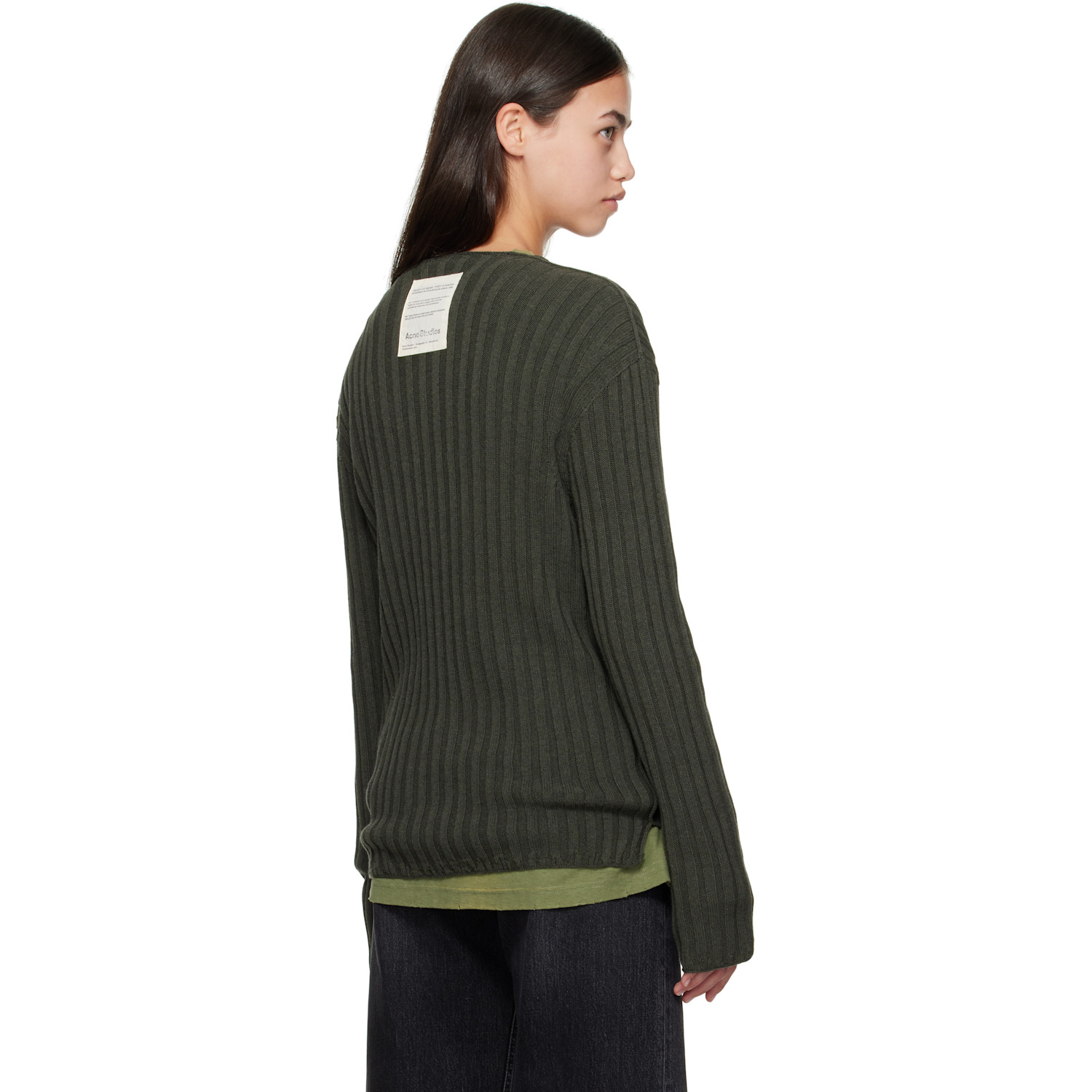  Acne Studios Green Ribbed Crewneck Knit Sweater 