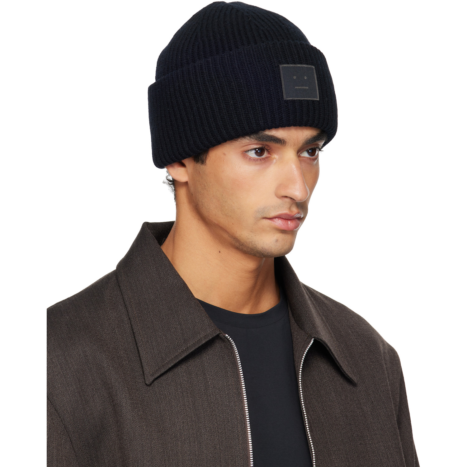  Acne Studios Black Ribbed Face Logo Beanie 