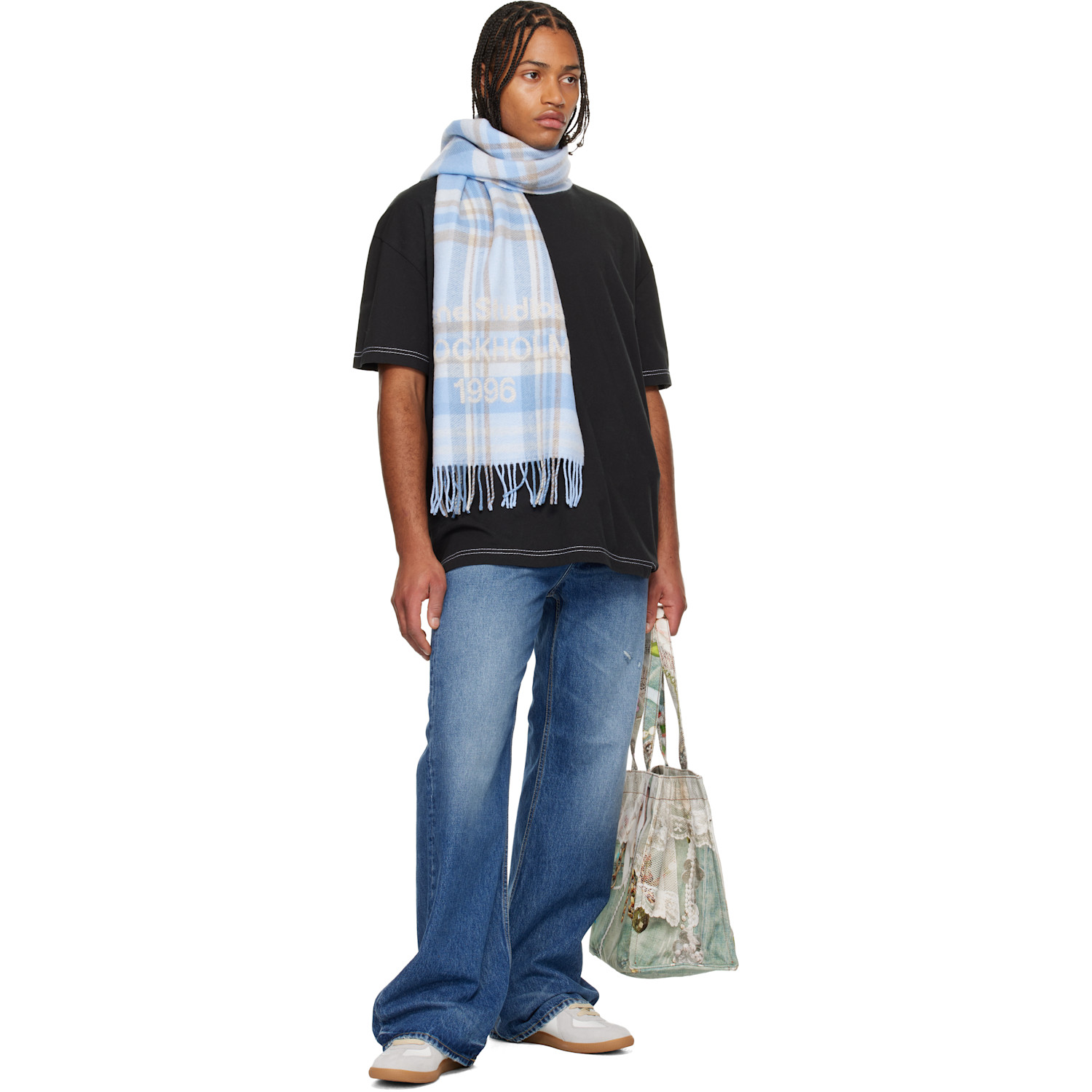  Acne Studios Blue Wide Check Logo Scarf 