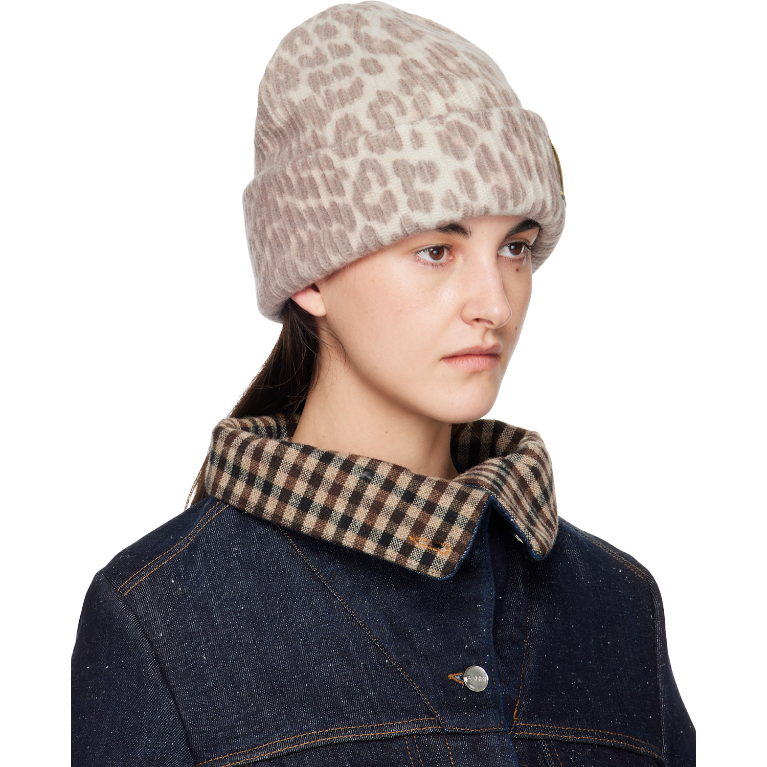  Ganni Beige Oversized Wool Rib Knit Beanie 