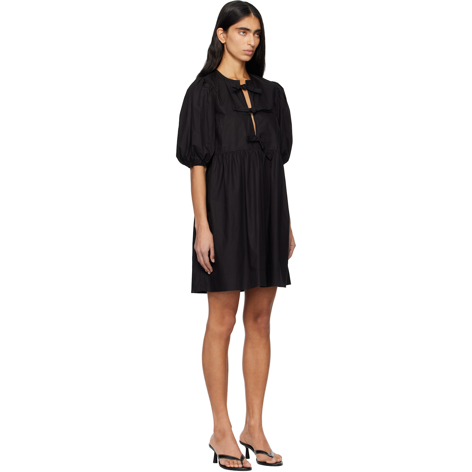  Ganni Black Cotton Poplin Tie String Minidress 