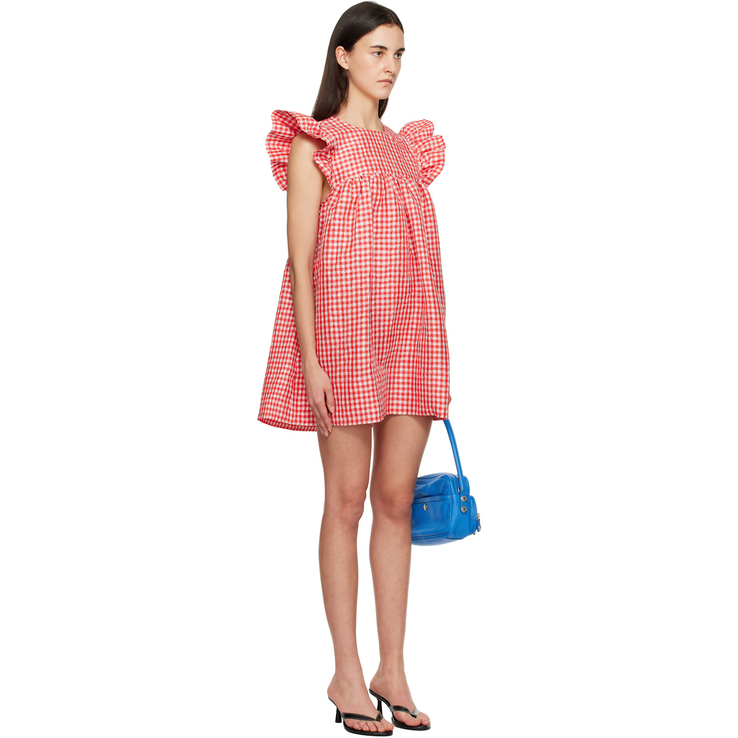  Ganni Red Crinkled Check Taffeta Minidress 