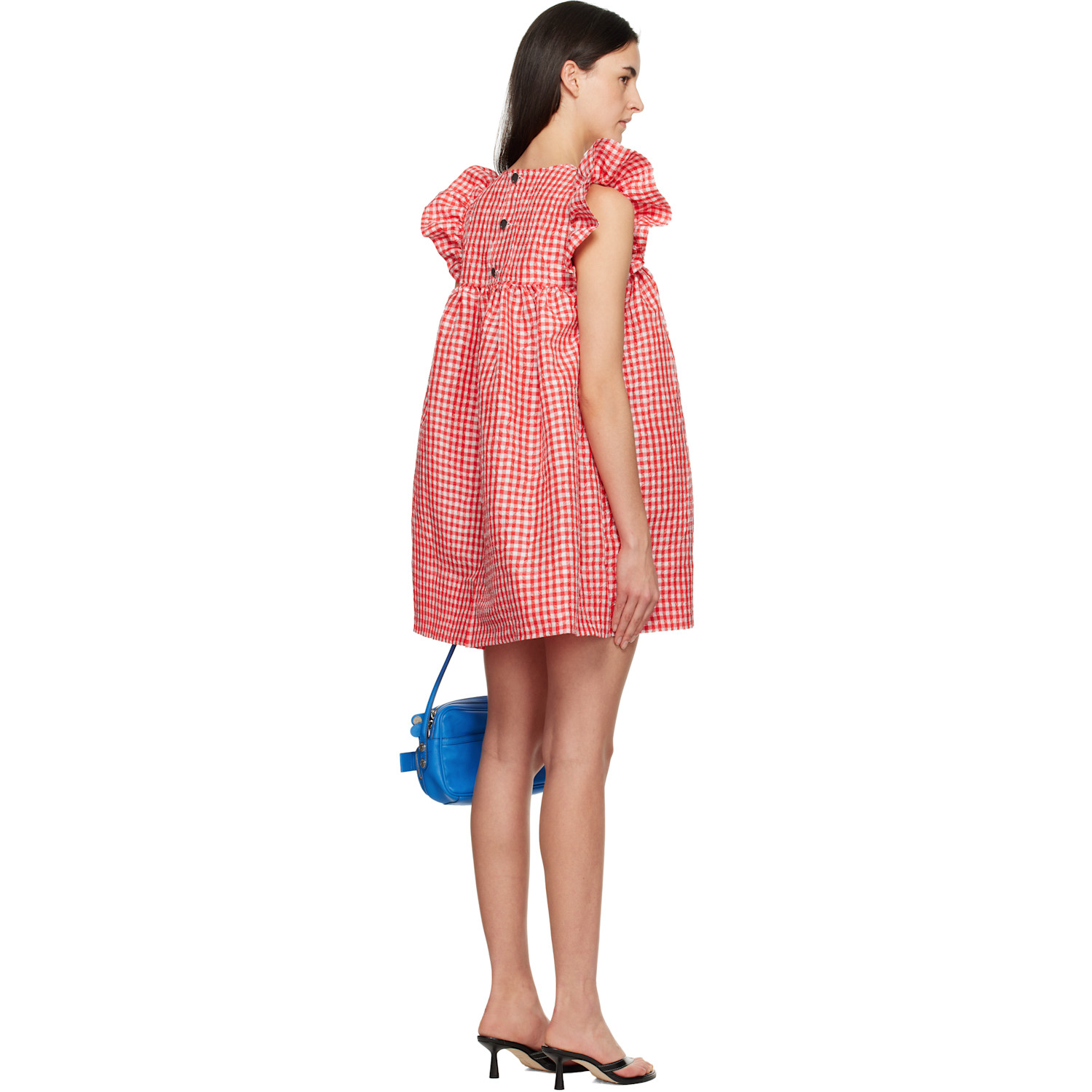  Ganni Red Crinkled Check Taffeta Minidress 