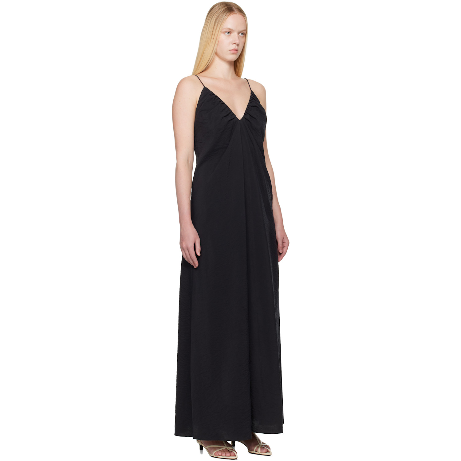  Róhe Black Hammered Silk V-neck Strap Maxi Dress 