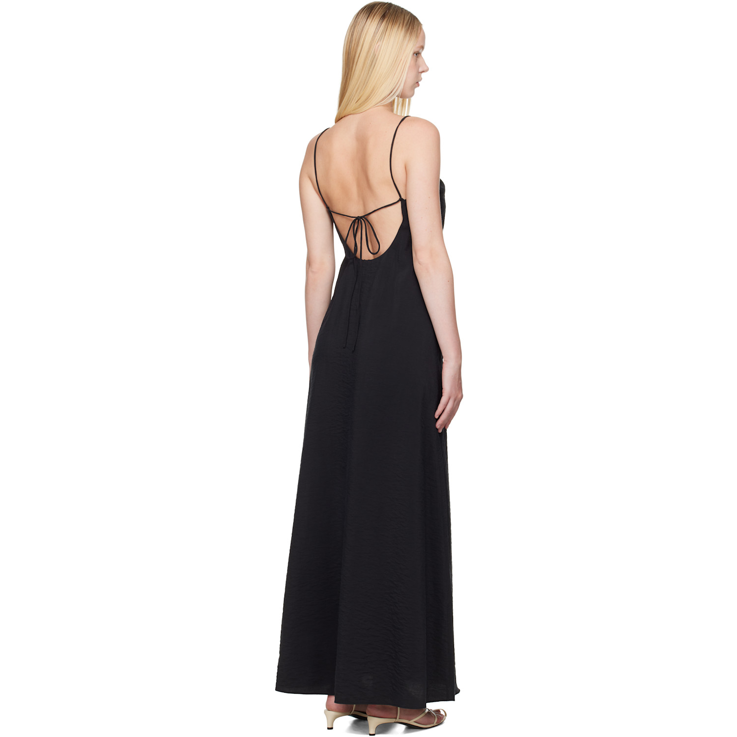  Róhe Black Hammered Silk V-neck Strap Maxi Dress 