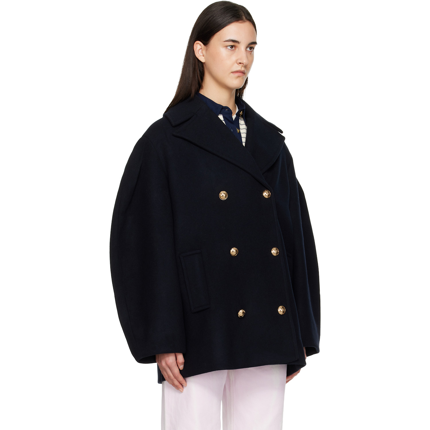  Ganni Navy Wool Oversized Midi Pea Coat 