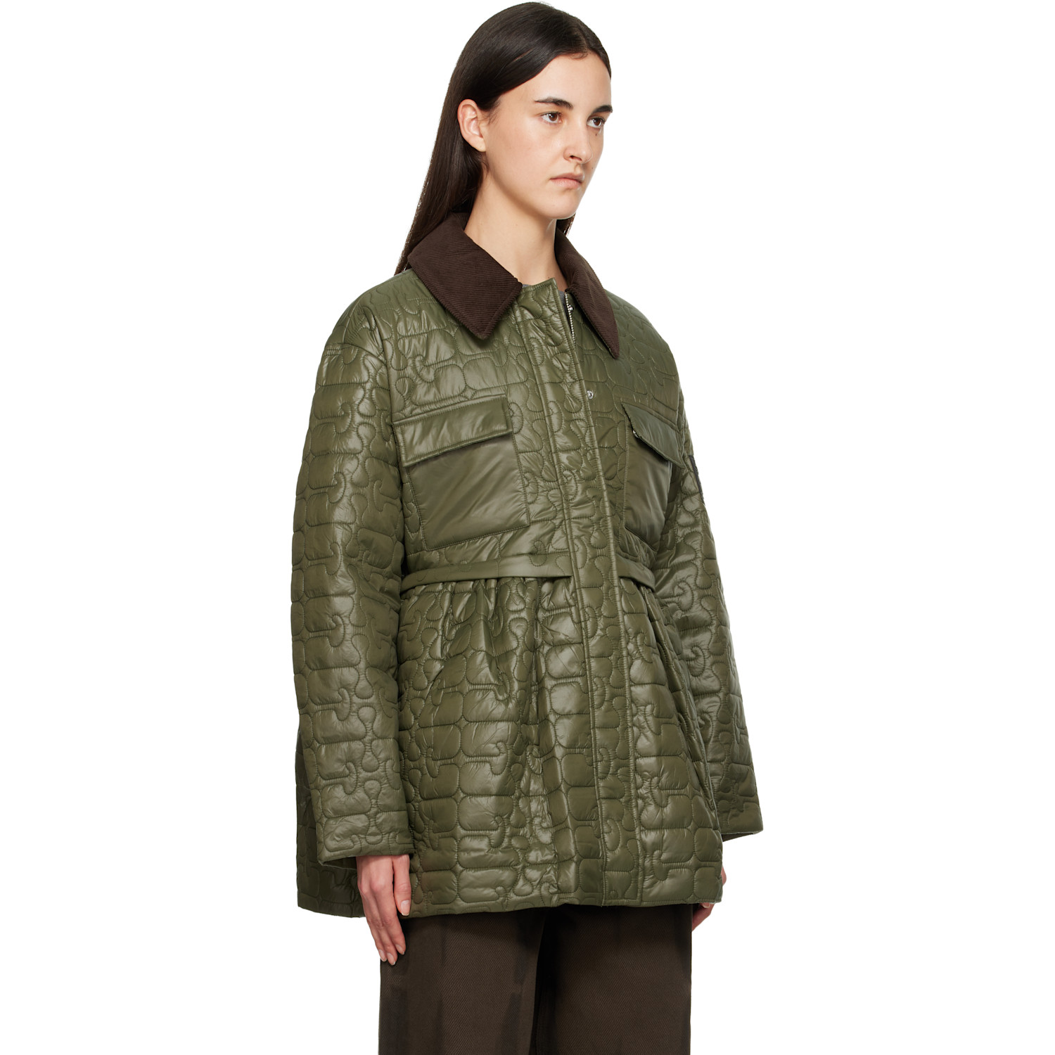  Ganni Green Quilt Midi Jacket 
