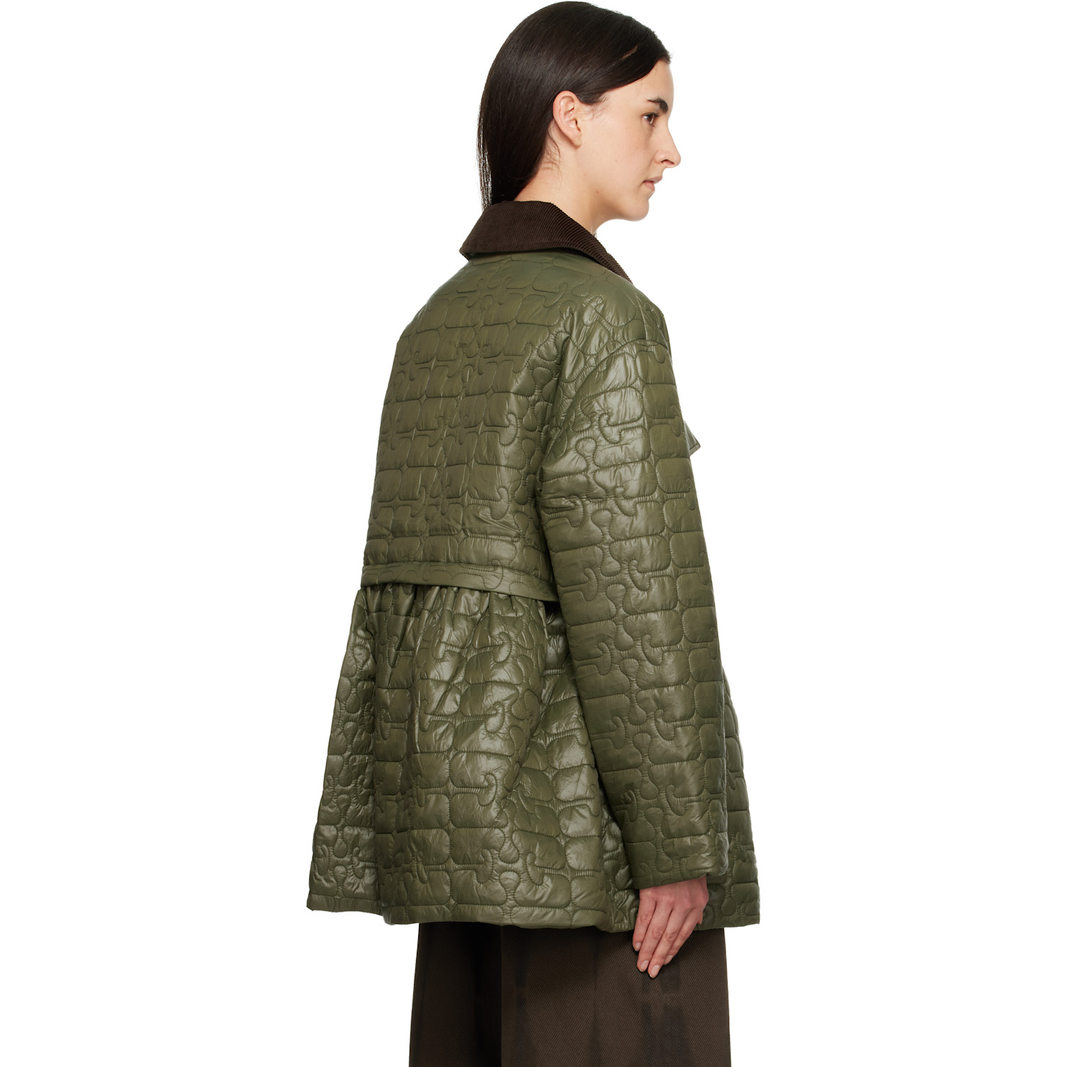  Ganni Green Quilt Midi Jacket 