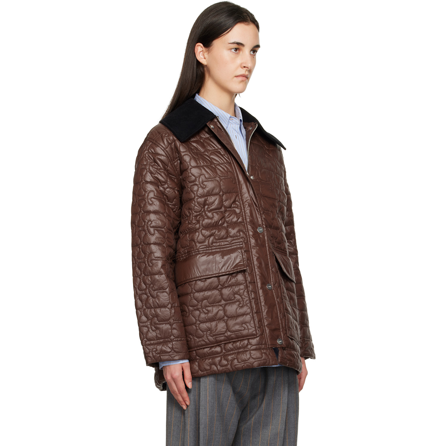  Ganni Brown Shiny Quilt Midi Jacket 
