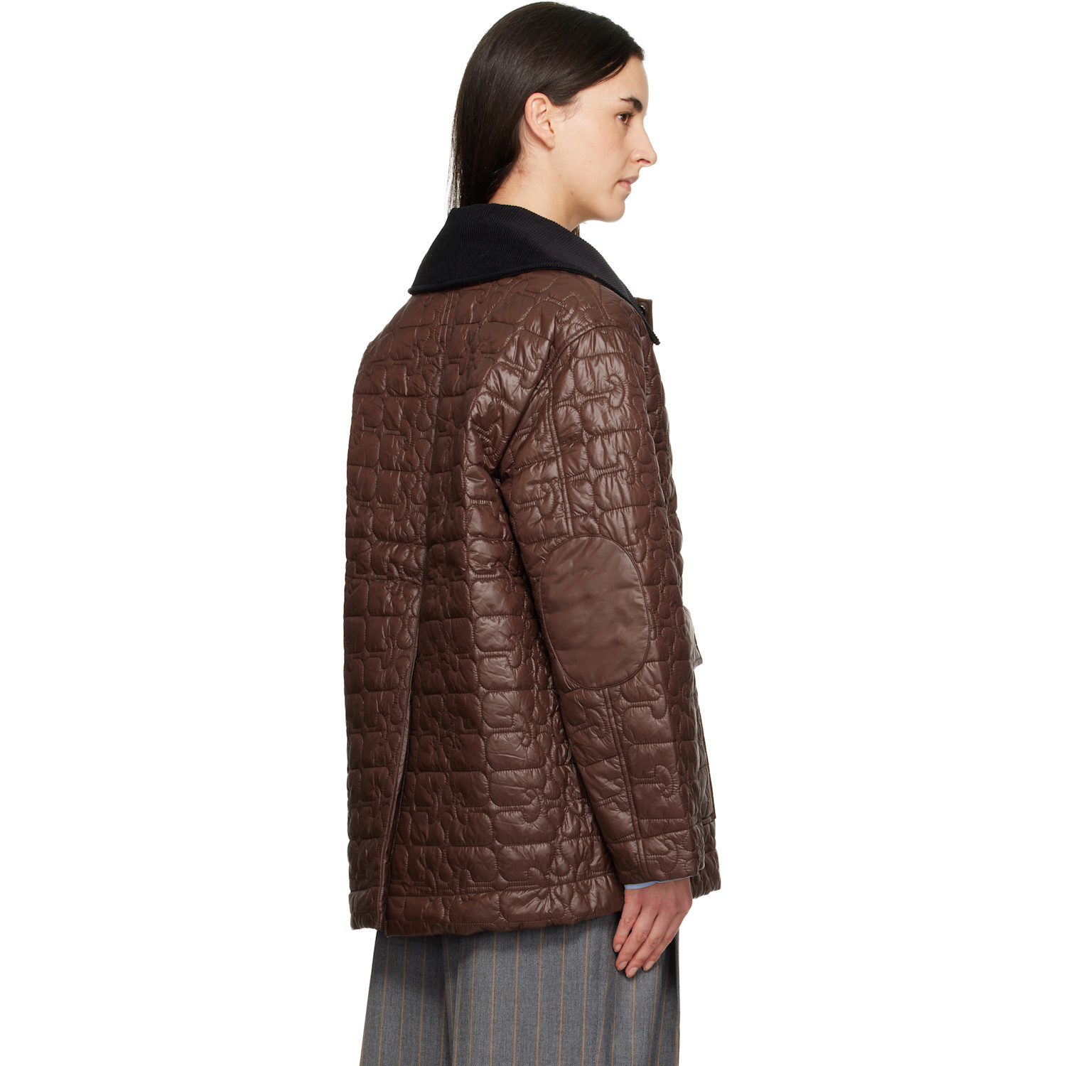  Ganni Brown Shiny Quilt Midi Jacket 