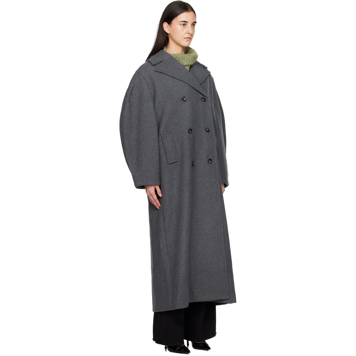  Ganni Gray Wool Oversized Long Pea Coat 