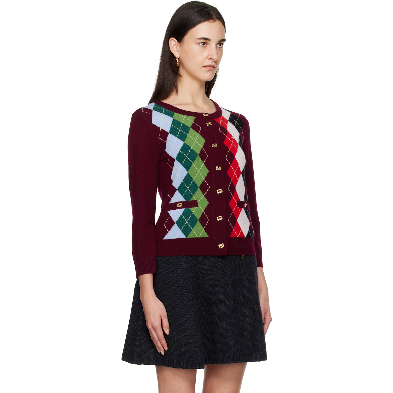  Ganni Burgundy Check Cardigan 