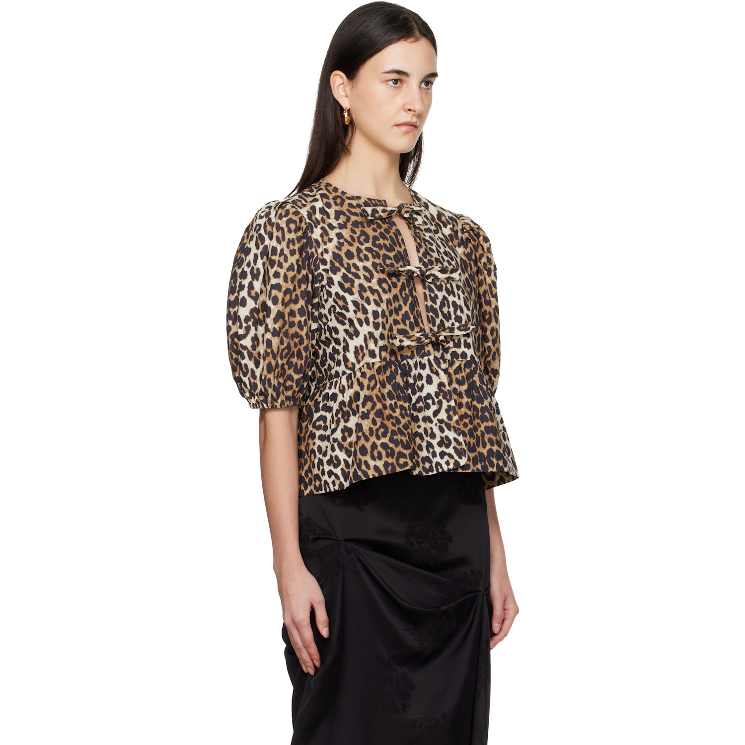  Ganni Tan Leopard Cotton Poplin Peplum Tie Blouse 
