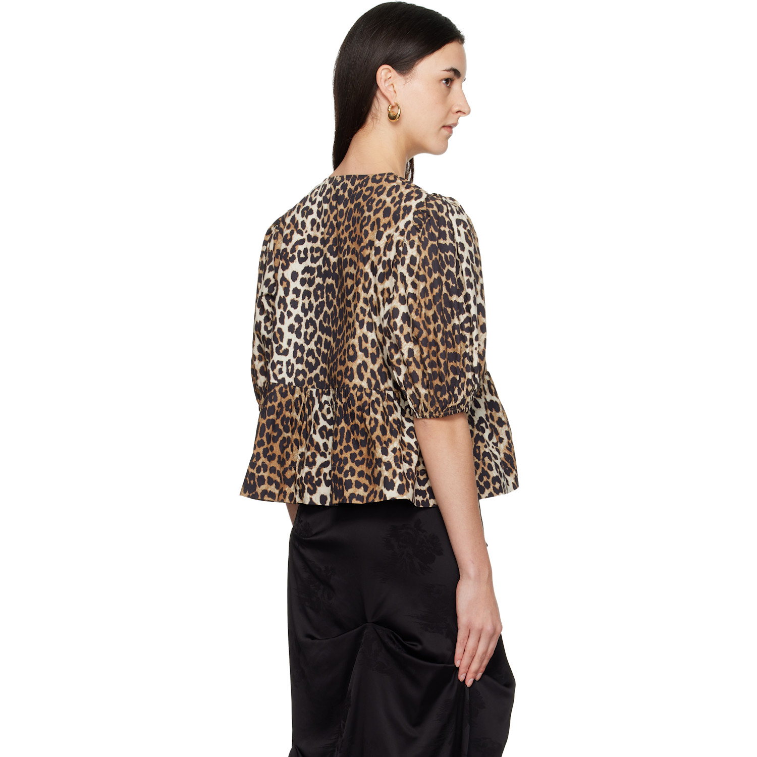  Ganni Tan Leopard Cotton Poplin Peplum Tie Blouse 