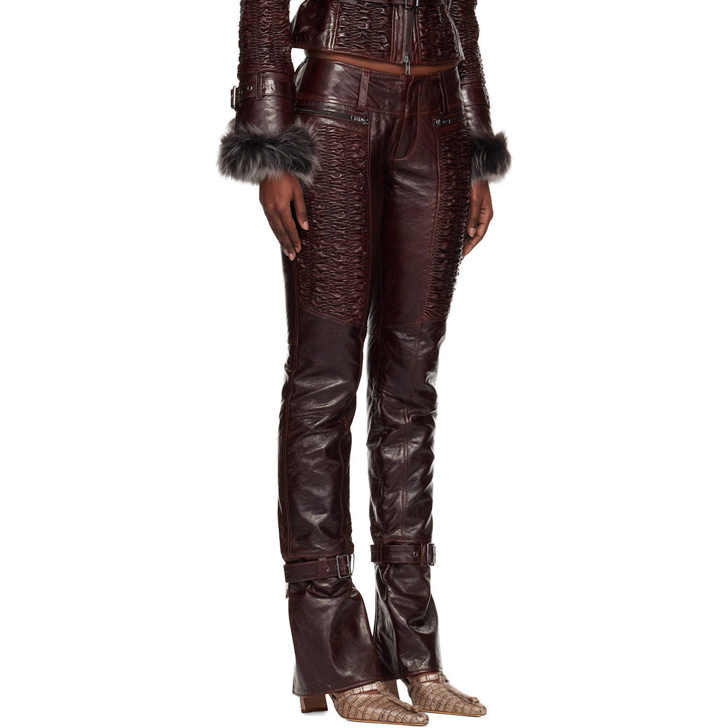  Knwls Brown Smocked Straight Leg Leather Trousers 