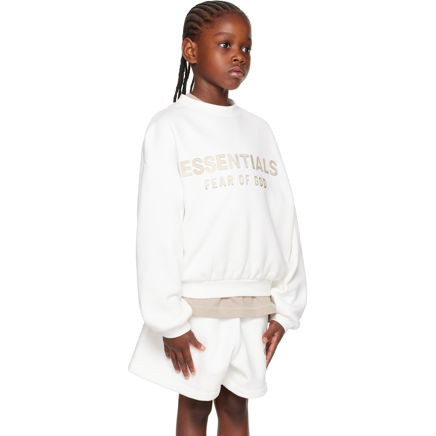  Fear Of God Essentials Kids White Fleece Crewneck Sweatshirt 