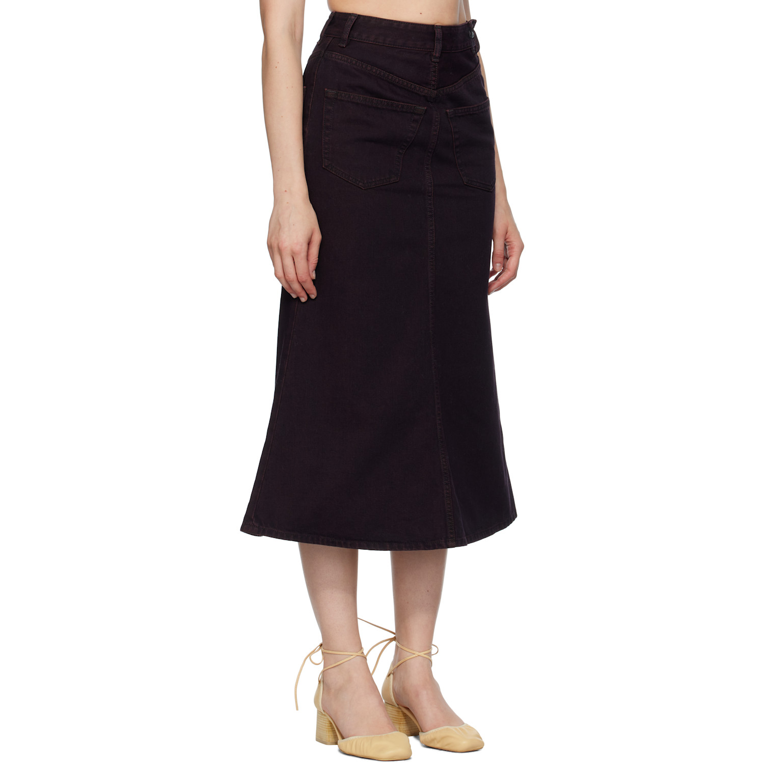  Mm6 Maison Margiela Burgundy Overdyed Reversed Denim Midi Skirt 
